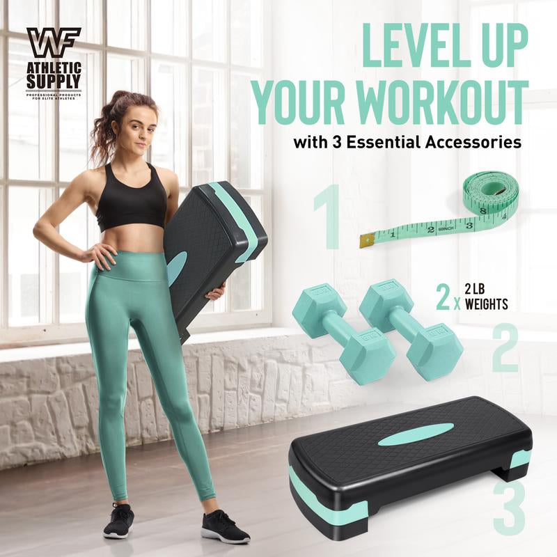 Tone Fitness Adjustable Height Aerobic Stepper Set with 2 Dumbbells & Measuring Tape, Workout Exercise Step Platform W/Level Risers, 4 Colors, the Ultimate Gift for a Joyful Holiday and Merry Christmas