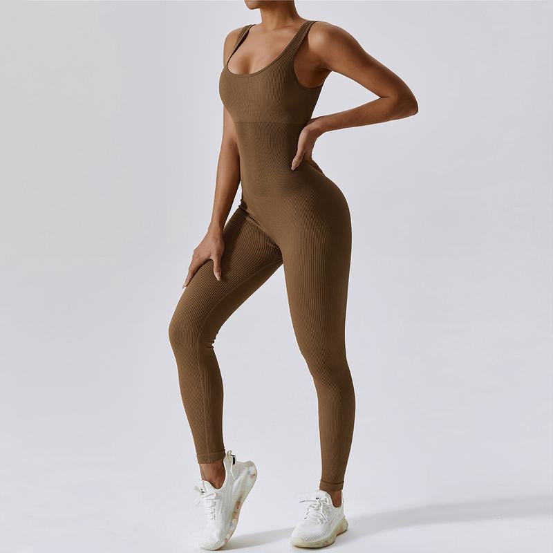 OEAK Women'S Sports Jumpsuit Long Tight Yoga Jumpsuit Sleeveless Playsuits Ribbed Workout Bodysuit Stretch Jogging Romper Tracksuit