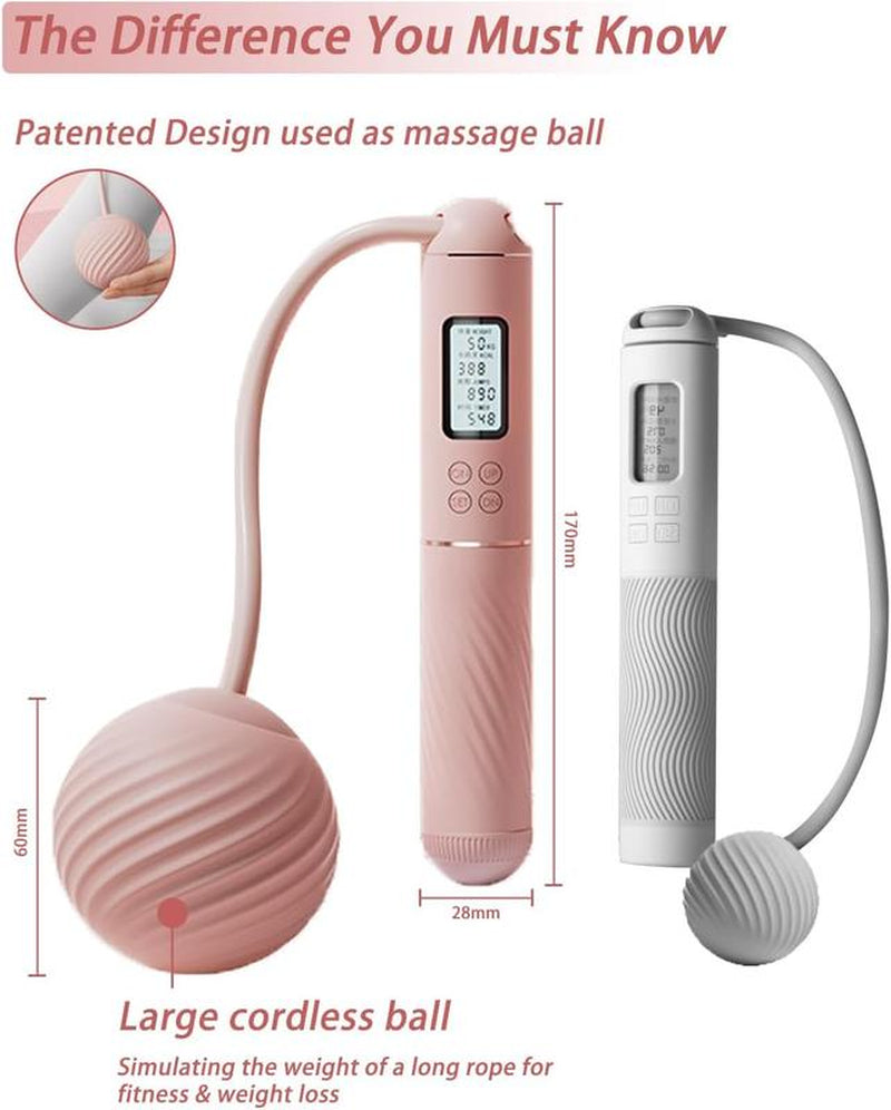 Cordless Jump Rope with Counter Ropeless Jump Rope 2 in 1 with Large Cordless Ball-Weighted Jump Rope for Women with LCD Display\Adjustable Speed Jump Rope for Men,Women & Children\Alarm Reminder for Fitness,Cross Training,Exercise,Workout, Boxing,Gym
