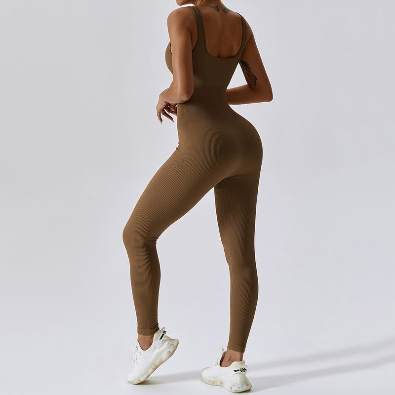 OEAK Women'S Sports Jumpsuit Long Tight Yoga Jumpsuit Sleeveless Playsuits Ribbed Workout Bodysuit Stretch Jogging Romper Tracksuit