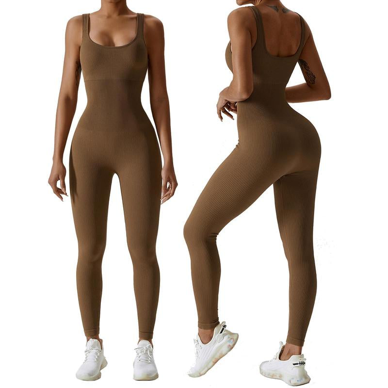 OEAK Women'S Sports Jumpsuit Long Tight Yoga Jumpsuit Sleeveless Playsuits Ribbed Workout Bodysuit Stretch Jogging Romper Tracksuit